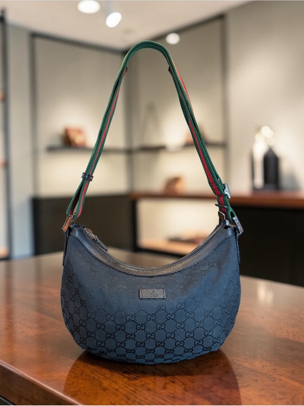 Gucci Black GG Canvas Crescent Shoulder Bag with Green-Red Web Strap